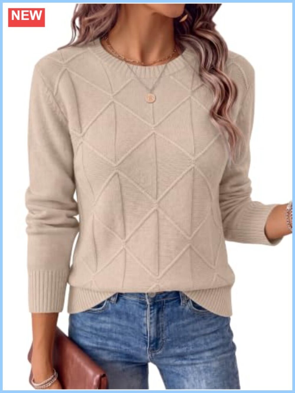 Women's Long Sleeve Argyle Cable Knit Crewneck Pullover Sweater